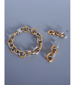 Detailed shot of two-tone chain jewelry set featuring 18K gold plated bracelet and earrings