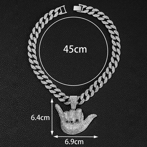 Hip hop silver tone Cuban chain necklace with iced out 666 gesture pendant dimensions
