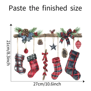 Detailed size chart of Christmas wall stickers showing 27x21cm watercolor sock decals