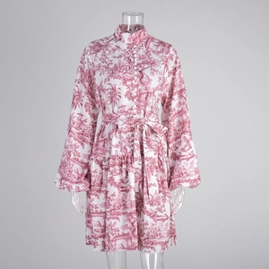 Détail de l'imprimé floral rouge, du col montant et des manches lanternes sur une robe courte