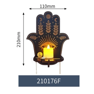 Hamsa hand wooden wall shelf with golden sun moon patterns and LED candle 210x110mm