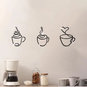 Modern 3-piece black acrylic coffee cup wall stickers for a cozy kitchen atmosphere