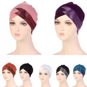 Muslim turban cap for women featuring front cross pleats in multiple elastic colors