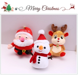 Plush Christmas dolls featuring Santa Claus, a snowman, and a reindeer for festive bouquets