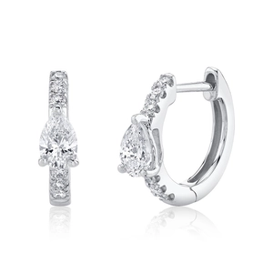 Detailed macro view of pear-cut drop earrings with micro-pave setting on silver hoops