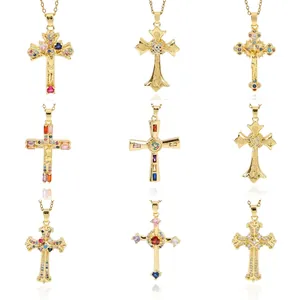 Cross Pendant Necklace 316L Stainless Steel Colorful Zircon Waterproof Gold Plated Religious Vintage Jewelry Men Women