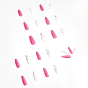 24pcs long coffin press-on nails with hot pink matte and white cartoon heart designs
