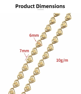 Detailed view of golden 6x7mm hollow heart chain links with textured radial engraving
