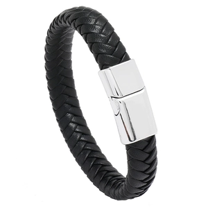 Minimalist woven black leather bracelet for men featuring a polished silver magnetic clasp