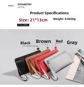 Detail view of multi-color wristlet clutches in black, brown, red, and grey tones