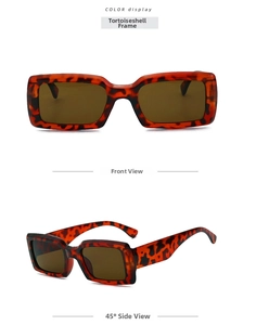 Front and side view of retro rectangle tortoiseshell sunglasses with dark lenses