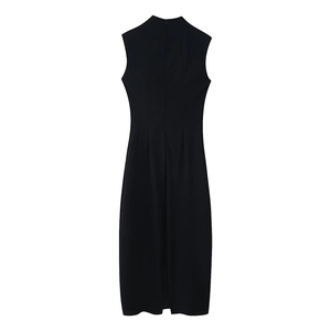 Back view of a sleek sleeveless black midi dress featuring a slim fit and rear zipper detail