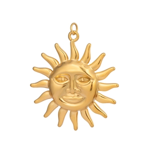 Close-up of 18K gold plated stainless steel sun face pendant with wavy solar rays