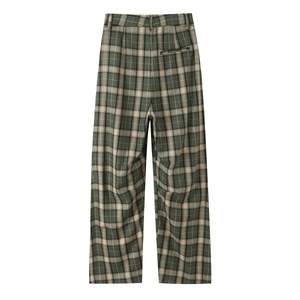 Pantalon à carreaux vert pour homme avec taille haute, coupe droite et poche arrière