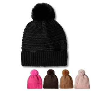 Berretto In Maglia Invernale Da Donna Con Pompon In Pelliccia Sintetica Glitter Filo D'argento A Costine Caldo Termico