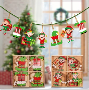 Detailed view of 12pcs Christmas elf wooden ornaments in partitioned storage boxes