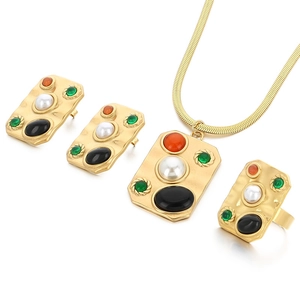 Retro gold jewelry set with colorful square pendants, turquoise and pearls details