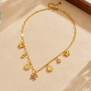 Gold butterfly sunflower pendant necklace with crystal teardrops on a stainless steel chain