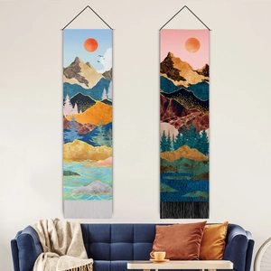 Abstract landscape wall tapestry set with mountains sun and tassels for home decor