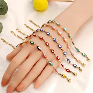 Multicolor evil eye bracelets in gold plating with colorful enamel charms for women