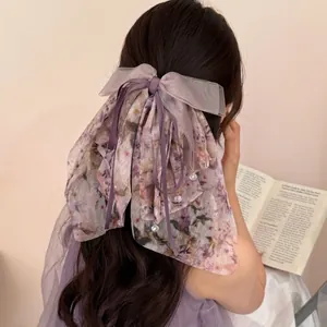Elegante molletta per capelli in chiffon viola con fiori e fiocco per acconciature