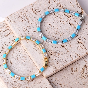 Tennis Bracelet Rectangular Turquoise And Zircon Inlaid Gold Plated Brass Niche Design Luxury Fashion Jewelry For Women