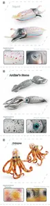 Detailed realistic squid and octopus marine animal models with textured skin and weight tags