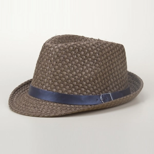 Men's summer straw fedora hat with dark blue leather belt and silver buckle detail
