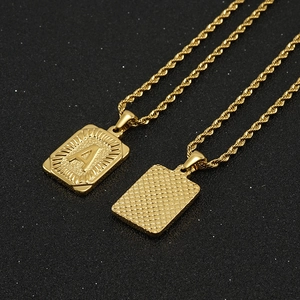 18K gold plated stainless steel rectangle A letter pendant necklace with rope chain
