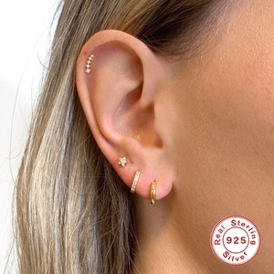 Minimalist s925 sterling silver gold cluster studs and hoops earring set on ear
