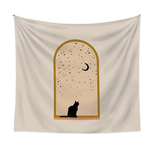 Detailed texture of bohemian tapestry showing a black cat sitting by moonlit window