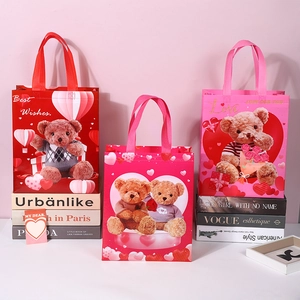 Pink Valentine's Day teddy bear non-woven gift bags with Best Wishes text handles