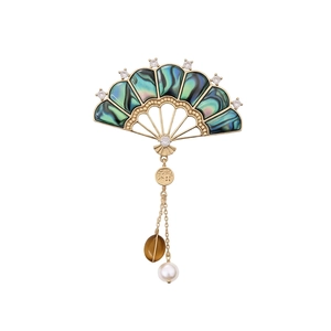 Vintage gold-plated fan brooch with abalone shell, zircon accents, pearl and tiger eye drops