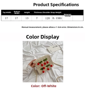 Detailed size chart for straw shoulder bag with measurements in centimeters and weight