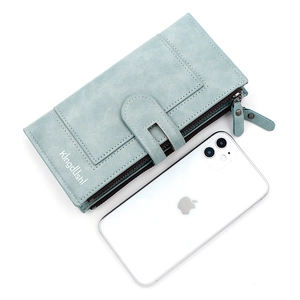 Light blue faux leather long wallet for women with double zippers and phone compartment