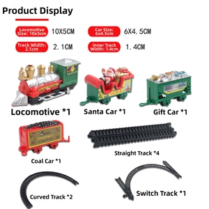 Detail view of mini Christmas electric train set with tracks and Santa themed carriages