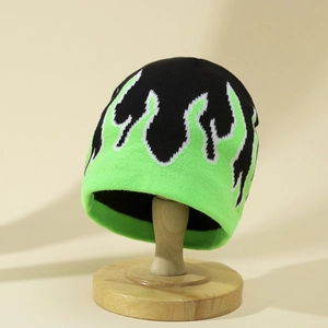 Black and neon green flame jacquard knit beanie for winter warm street style