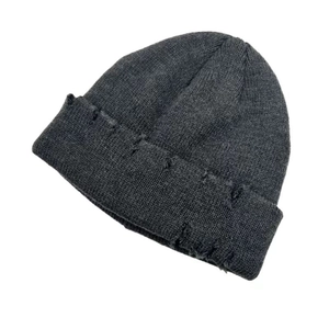 Dark grey distressed knit beanie for winter with vintage ribbed texture and ripped details