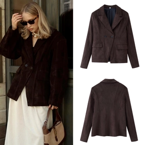 Veste Blazer En Suédine Pour Femme Col À Revers Fermeture À Boutons Coupe Ajustée Manches Longues Bureau Décontracté Manteau Café