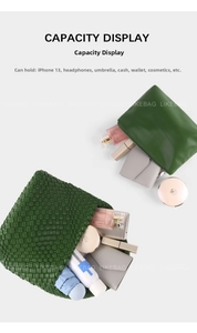 Detail showing high capacity of green handmade woven bag with daily essentials storage
