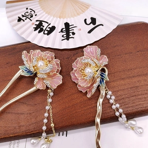 Ancient Style Enamel Peony Hair Stick With Artificial Pearl Tassel Rhinestone Alloy Hair Fork Elegant Hanfu Accessory For Women