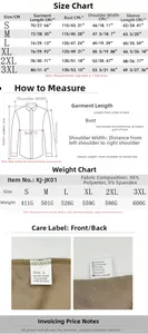 Detailed size chart for men's casual jacket showing S to 3XL measurements and fabric weight