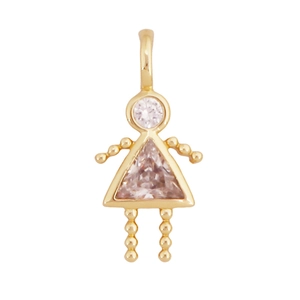 Détail du pendentif fille en or avec pierre rose triangulaire et zircon blanc
