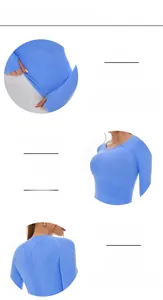 Detail of blue long-sleeve yoga top showing neck, cuff, and seamless breathable fabric texture