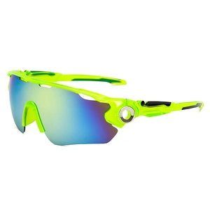 Outdoor sports sunglasses with neon green semi-transparent frame and colorful mirrored lenses