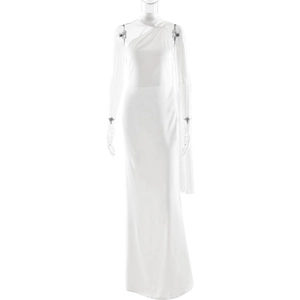 Detail of elegant white one-shoulder satin maxi dress with a long side sleeve on a mannequin