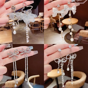 Elegant 925 silver needle drop earrings with pearls, tassels, and crystals for women