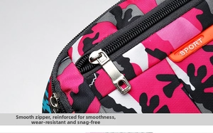 Detail of pink camouflage sports waist bag showing smooth dual metal zippers and sport label