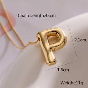Detail view of golden balloon letter P pendant with 45cm chain and product dimensions