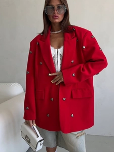 Women Red Blazer Jacket Heart Shape Metal Buckles Single Button Long Sleeve Loose Woven Fashion Streetwear Outerwear